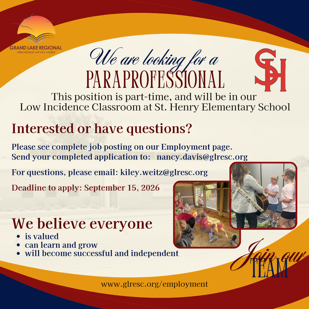 Advertisement for a paraprofessional position at St. Henry Elementary School. Deadline to apply is September 15, 2026.