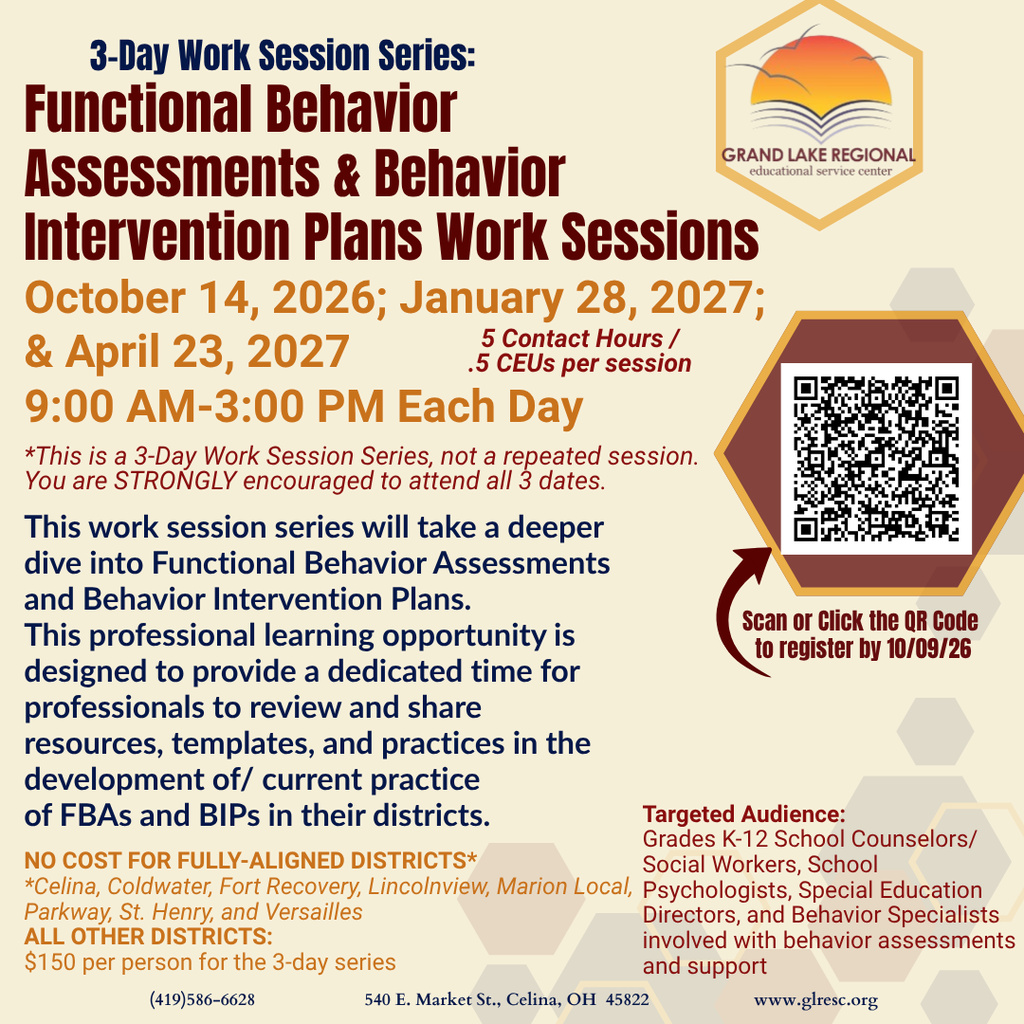 An advertisement for a three-day work session series on Functional Behavior Assessments and Behavior Intervention Plans. Dates: October 14, 2026; January 28, 2027; April 23, 2027. Time: 9:00 AM-3:00 PM.