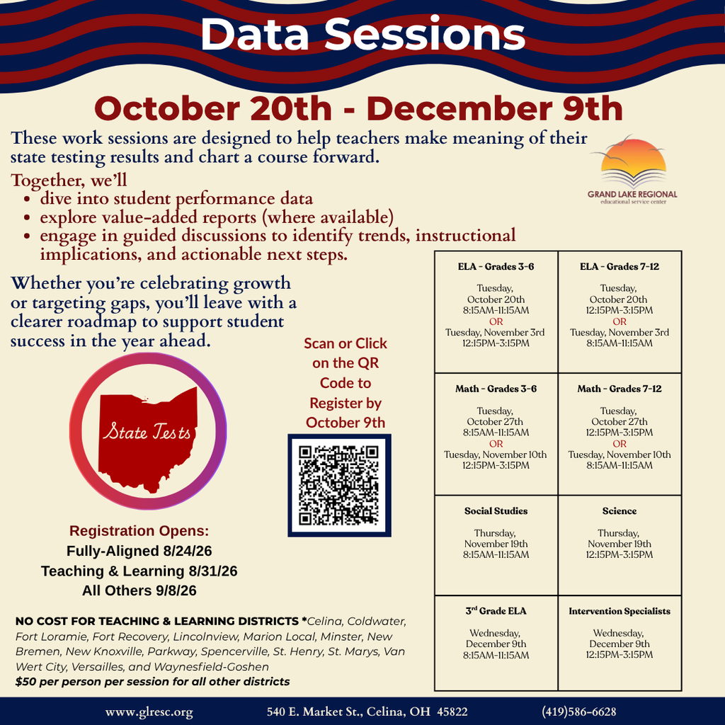 Document titled "Data Sessions" with blue, white, and red background. Sessions run October 20th to December 9th. Text includes details on state tests, registration, and QR code for registration.