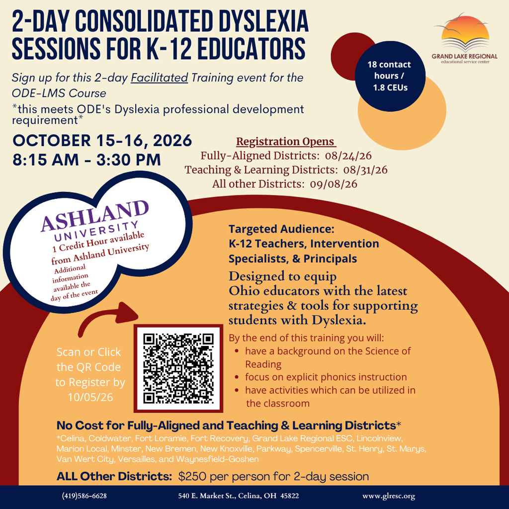 Flyer for K-12 Educators Dyslexia Training on October 15-16, 8:15-3:30 PM. No cost for select districts. QR code to register.
