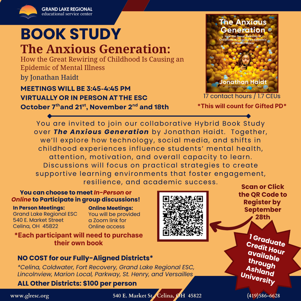 An advertisement for a book study on "The Anxious Generation" includes a QR code, meeting dates, and options for in-person or online participation.