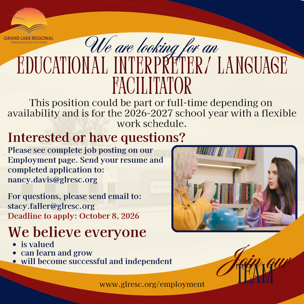 A poster with an orange and blue border features a woman and child. Text reads "We are looking for an Educational Interpreter/Language Facilitator."