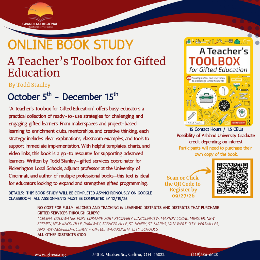 A white poster with red, blue, and yellow borders shows an online book study advertisement. It includes text and a QR code.