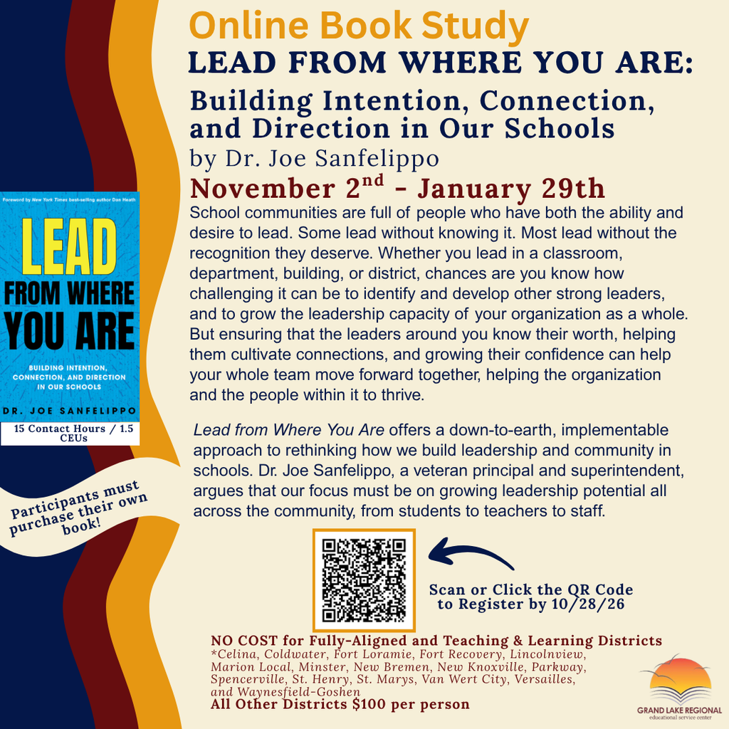A flyer with text and QR code invites to a book study on leadership, featuring a book cover and a barcode.