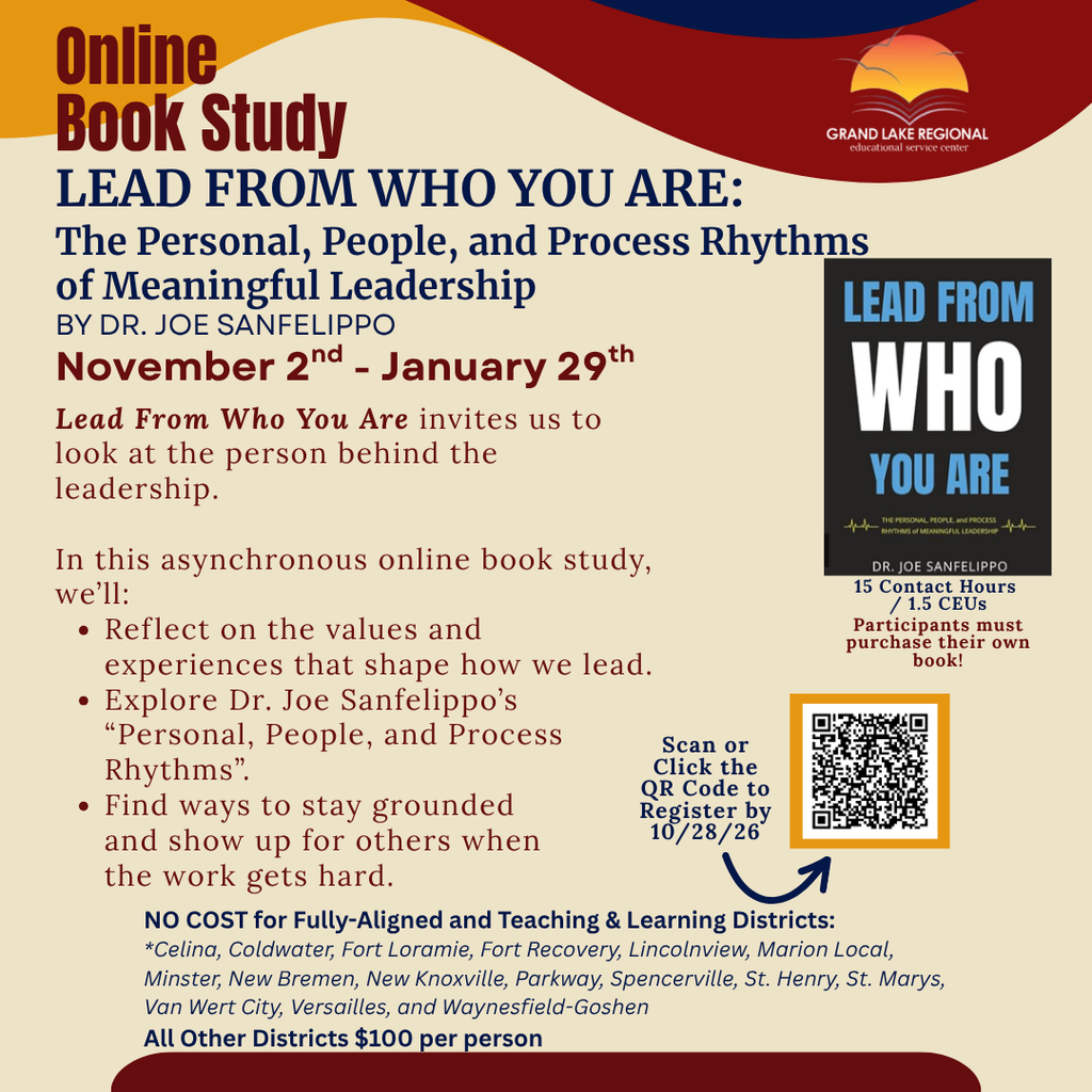 A flyer for the "Online Book Study" features an orange, white, and black color scheme. It highlights a book, "Lead From Who You Are" by Dr. Joe Sanfelippo.