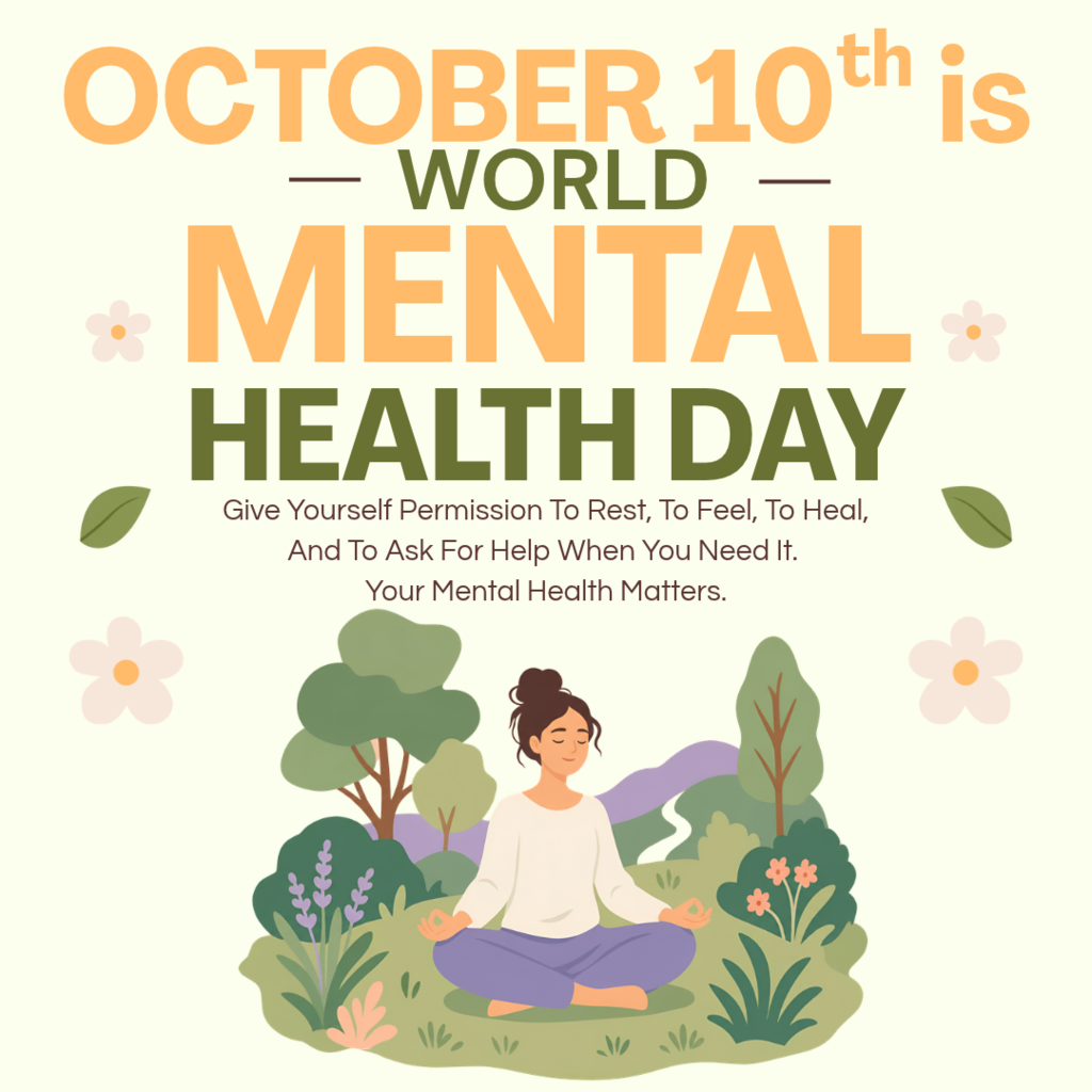 A woman practices yoga in a garden. Text reads "October 10th is World Mental Health Day" in bold letters.
