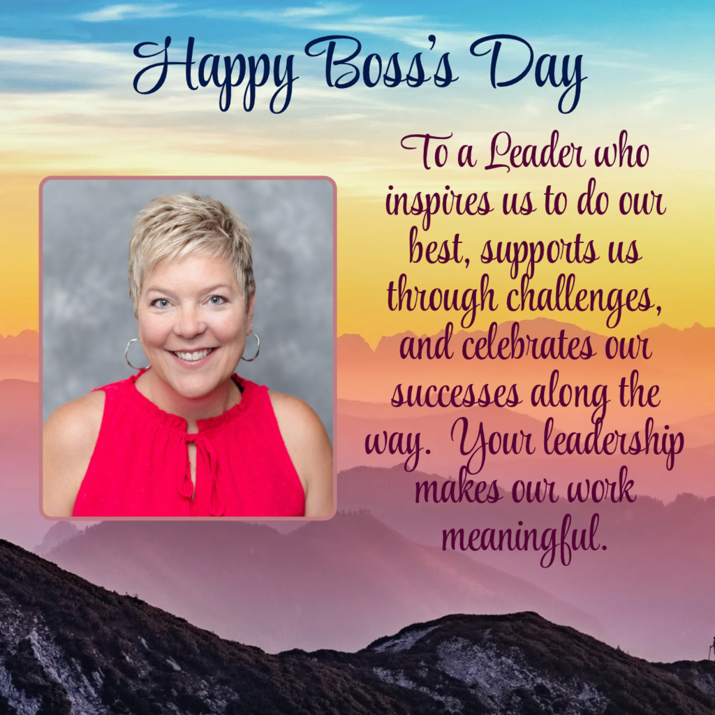 A smiling woman with short hair in a pink top. Behind her, mountains with a sunset background. Text reads, "Happy Boss's Day."