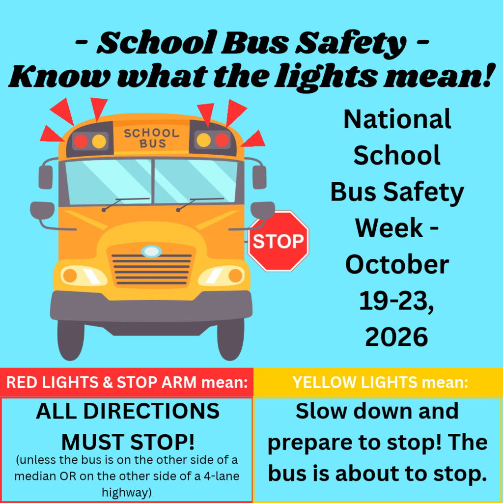 A school bus is displayed with red and yellow lights. Text explains the meaning of the lights.