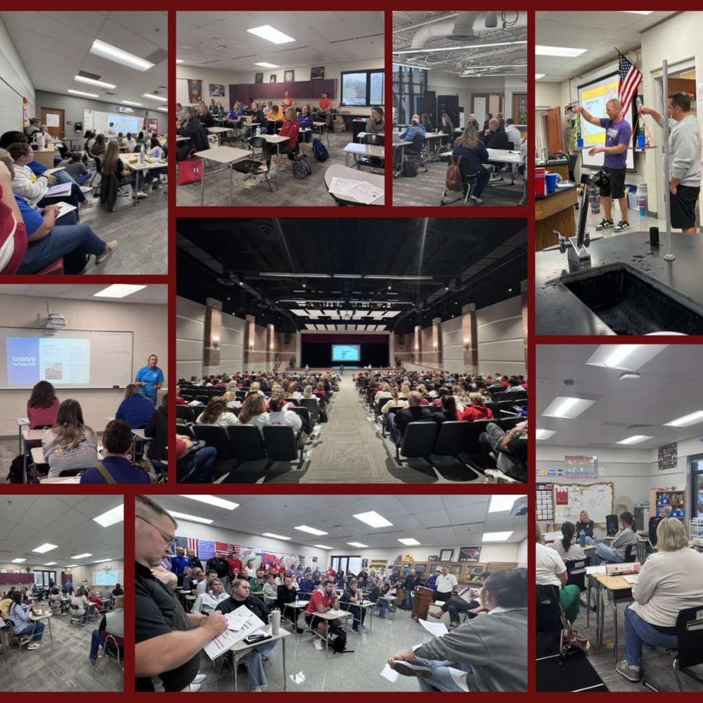 A collage of photos showing a classroom with people seated, standing, and using electronic devices.