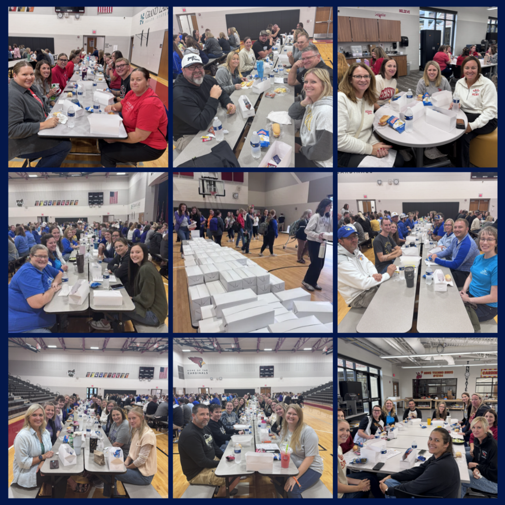 A collage of people sitting at long tables. They have food and drinks. Some wear hats and jackets.