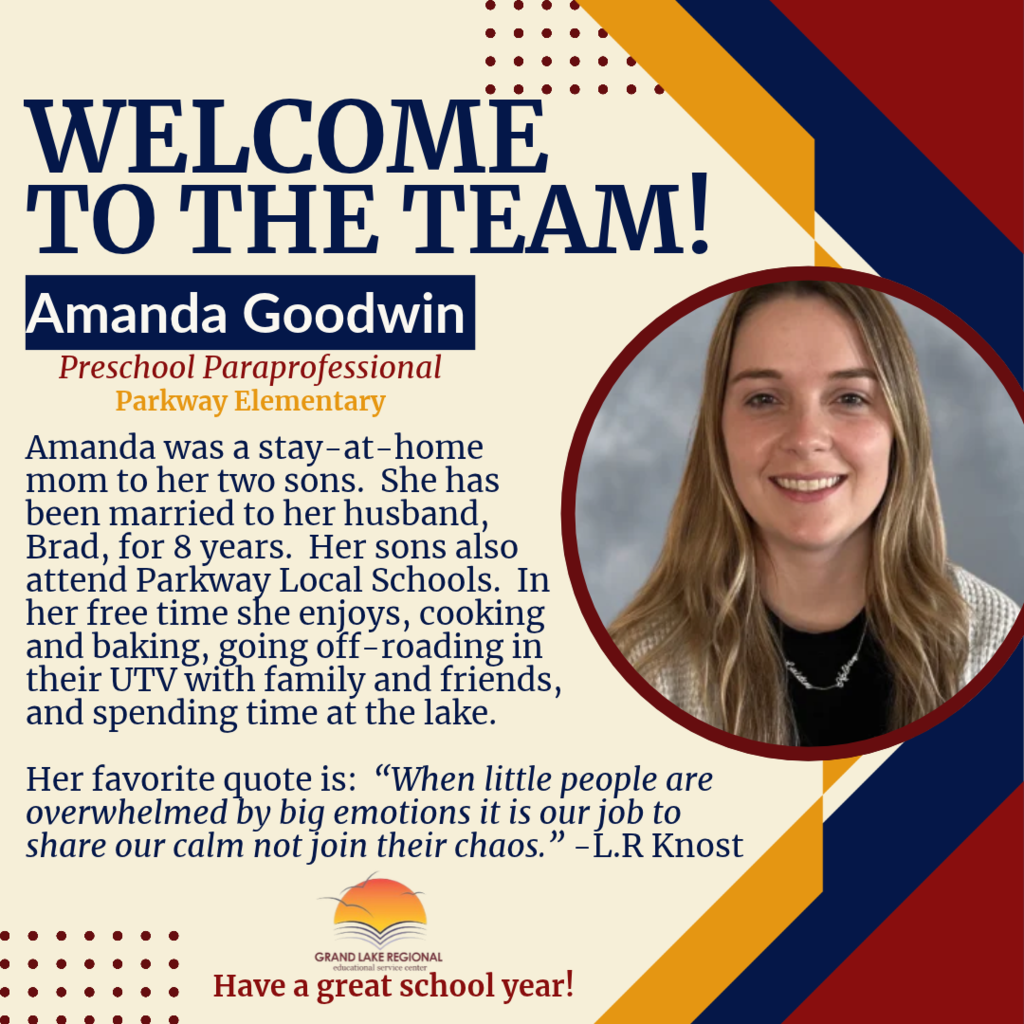 Amanda Goodwin, Preschool Paraprofessional, smiles in a circle. Text on the left includes her role and quote. Background is multicolored with "Welcome to the Team!"