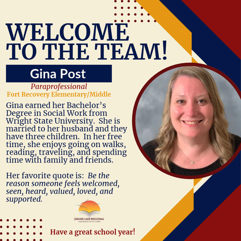 An image welcomes Gina Post to a team. It features her photo, her role, education, and favorite quote.
