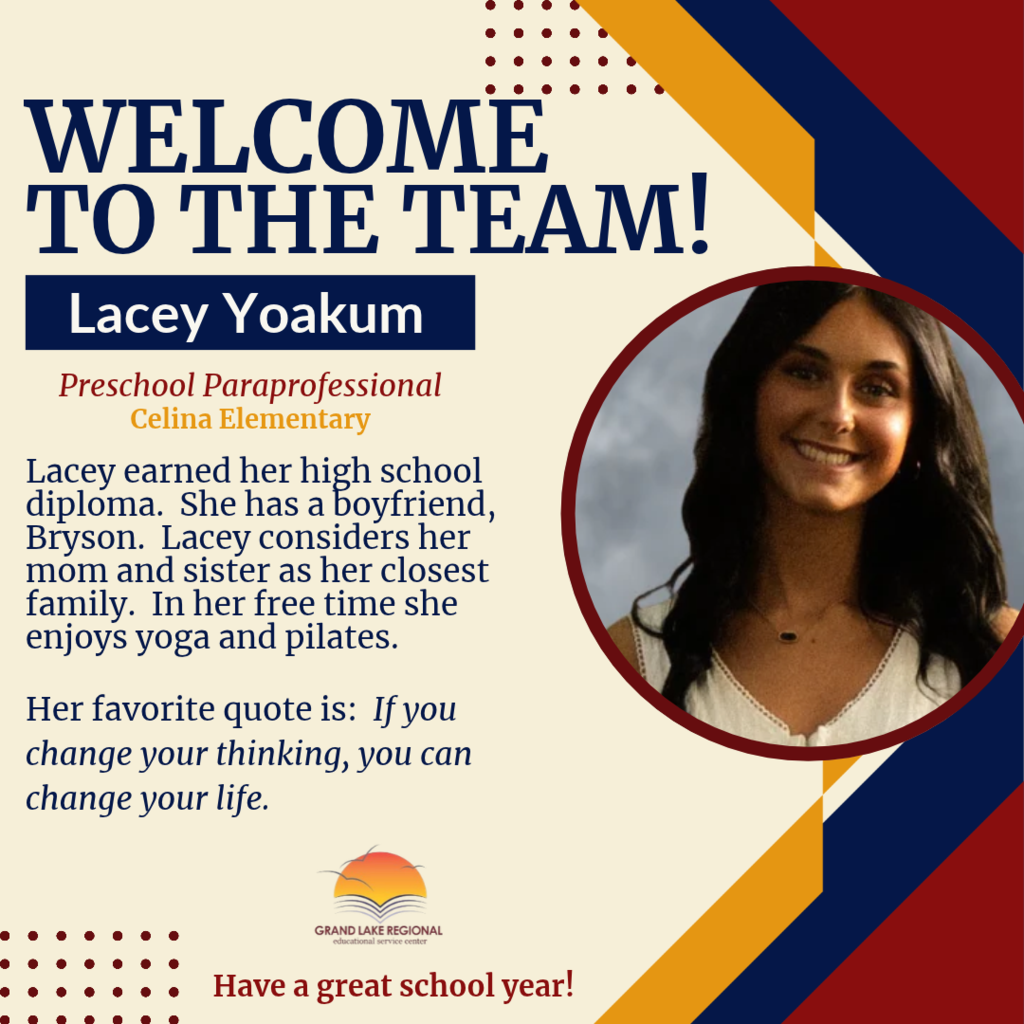 Welcome message with a photo of Lacey. She is smiling and has long dark hair. Text describes her background and interests.