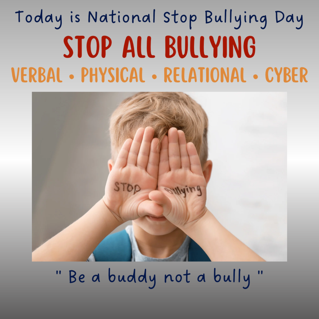 A boy covers eyes with hands. Words written on hands: "STOP bullying." Text overlay reads "STOP ALL BULLYING" and "Be a buddy, not a bully."