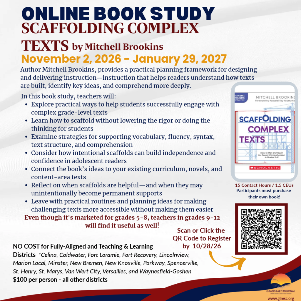 Text reads "Online Book Study Scaffolding Complex Texts by Mitchell Brookins". The date range is November 2, 2026, to January 29, 2027.
