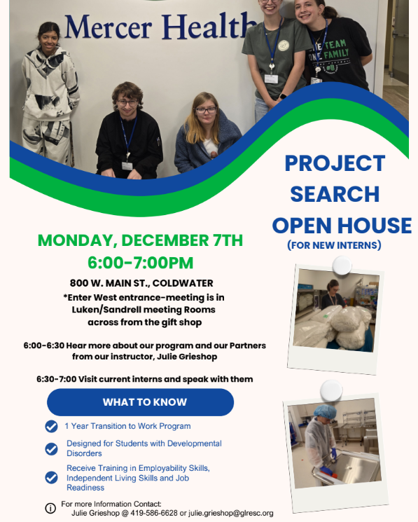 A flyer invites individuals to a Project Search Open House on December 7th. It mentions details like time, location, and activities such as meeting current interns.