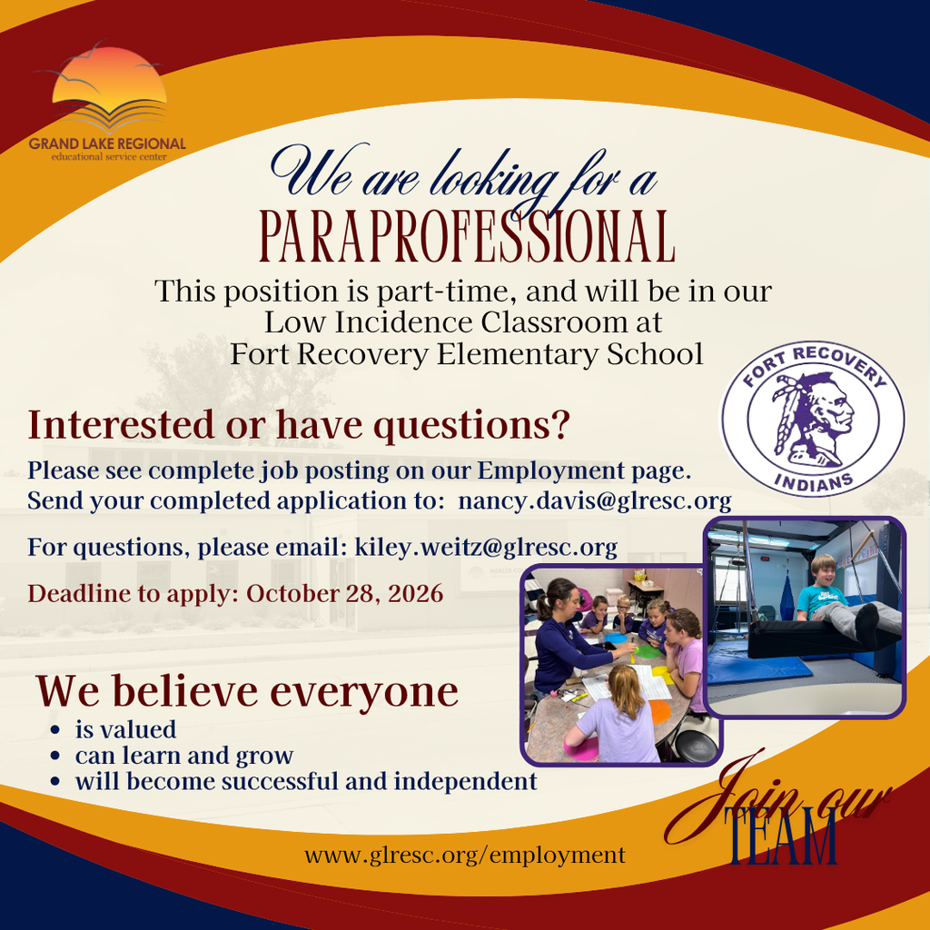 Job posting for a paraprofessional at Fort Recovery Elementary School. Application link and email provided.