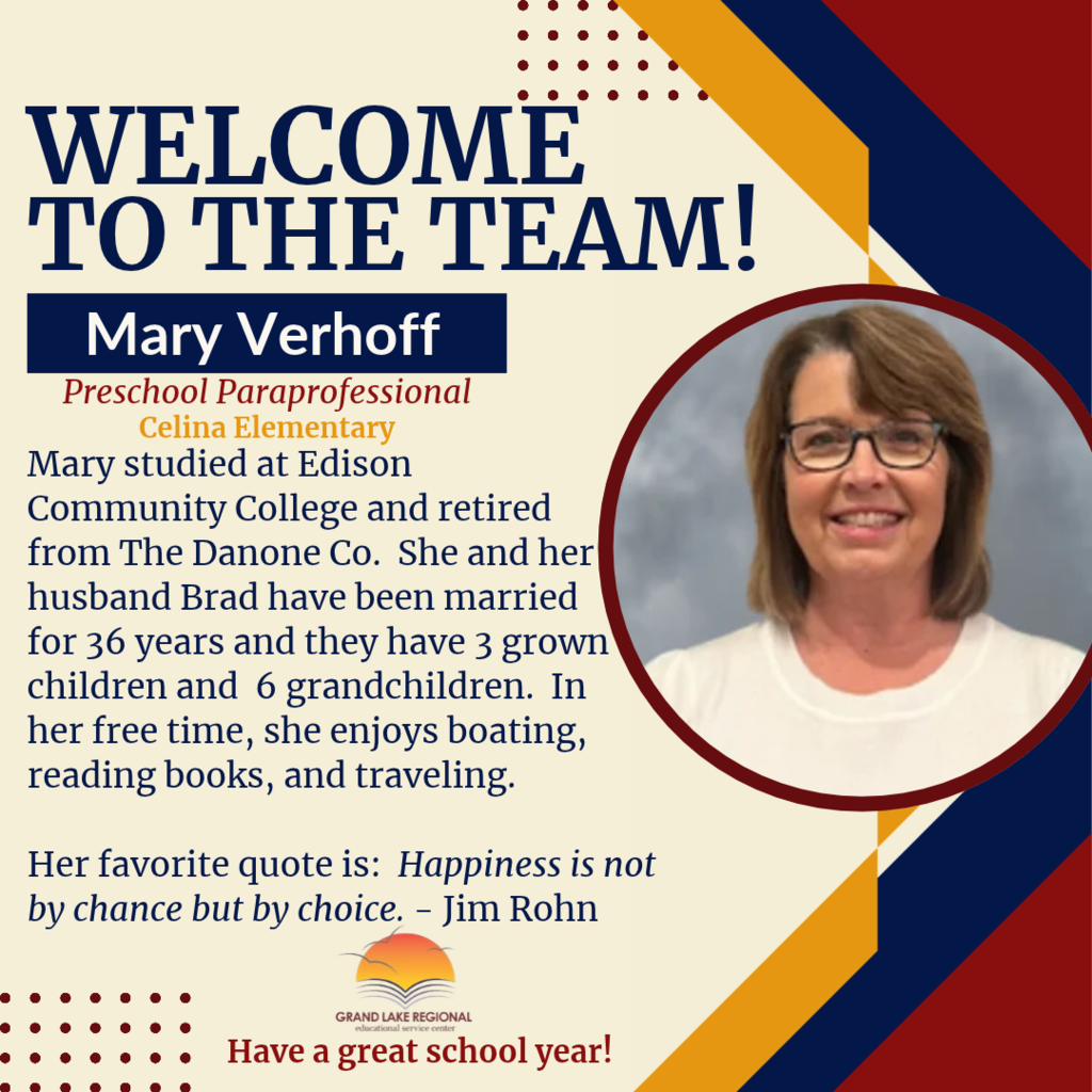 A school poster with a circular photo of a woman. She wears glasses and smiles. The poster reads, "Welcome to the Team! Mary Verhoff, Preschool Paraprofessional."