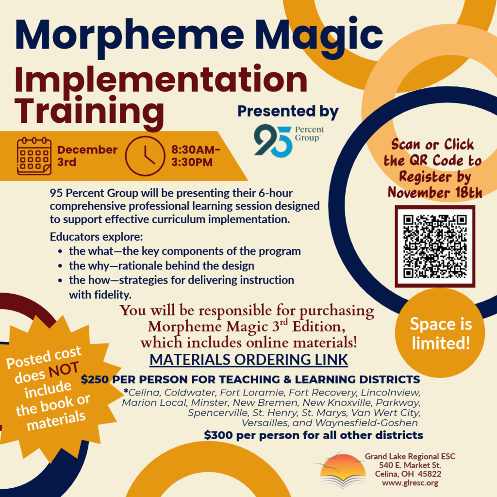 An event poster with blue, white, and orange colors. Text reads "Morpheme Magic Implementation Training." Information includes date, time, and location. QR code present.