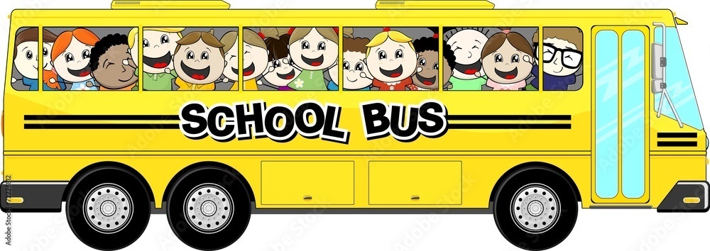 Graphic of a school bus with children looking out the windows