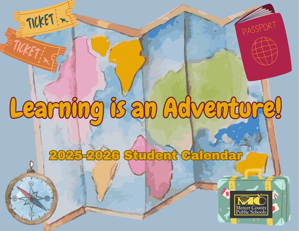 Cover of 2025-2026 Student Calendar-looks like a map and is titled "Learning is and Adventure"
