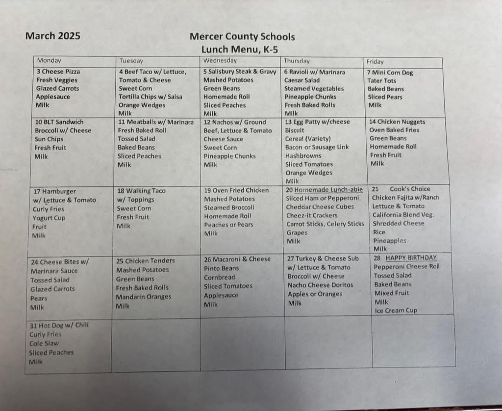 March Lunch Menu