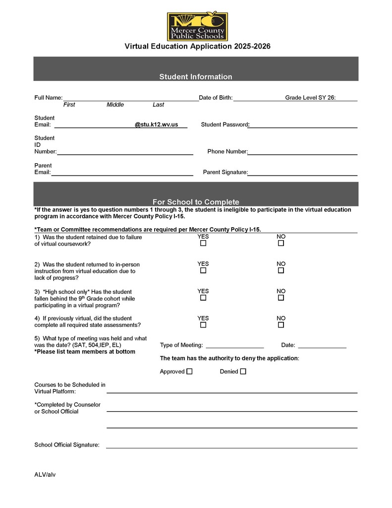 Application for Virtual Sign ups for the 2025-2026 school year