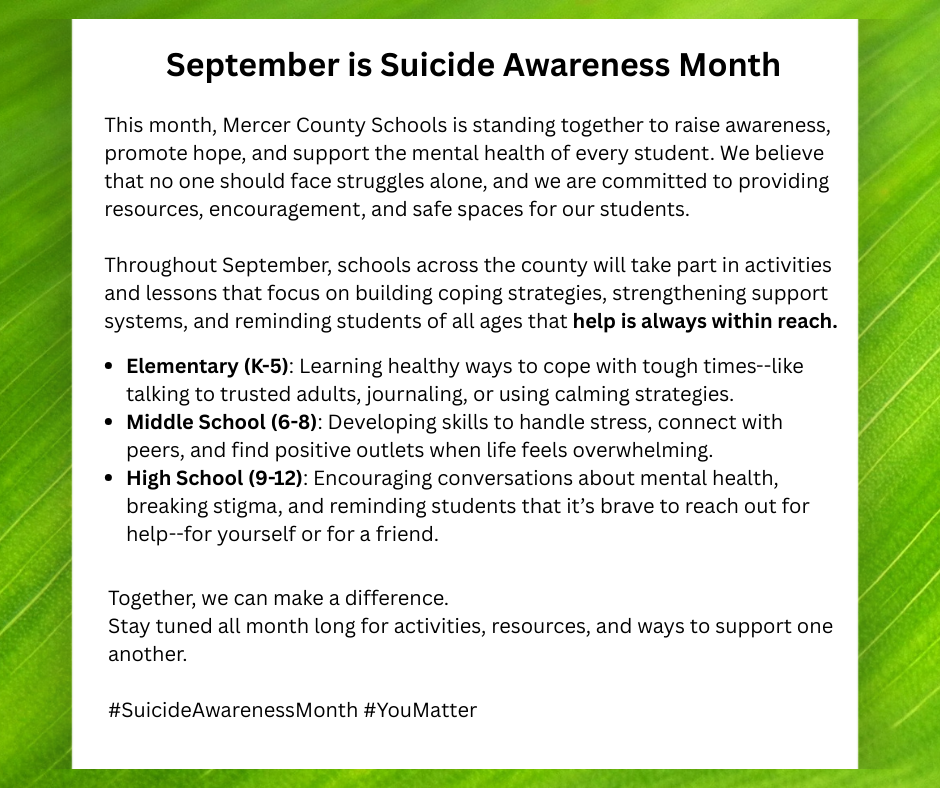 Suicide Awareness month activities broken down by grade level.