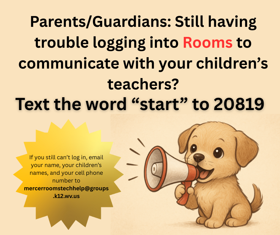 Parents having trouble logging into Rooms can text the word "start" to 20819 to get started