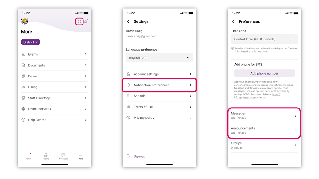 Directions on turning on notifications in rooms