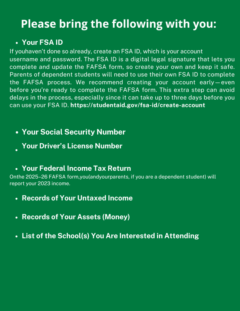 FAFSA flyer October 21, 2025 3:30 p.m. MCTEC Seminar Center page 1 with QR code to pre-register