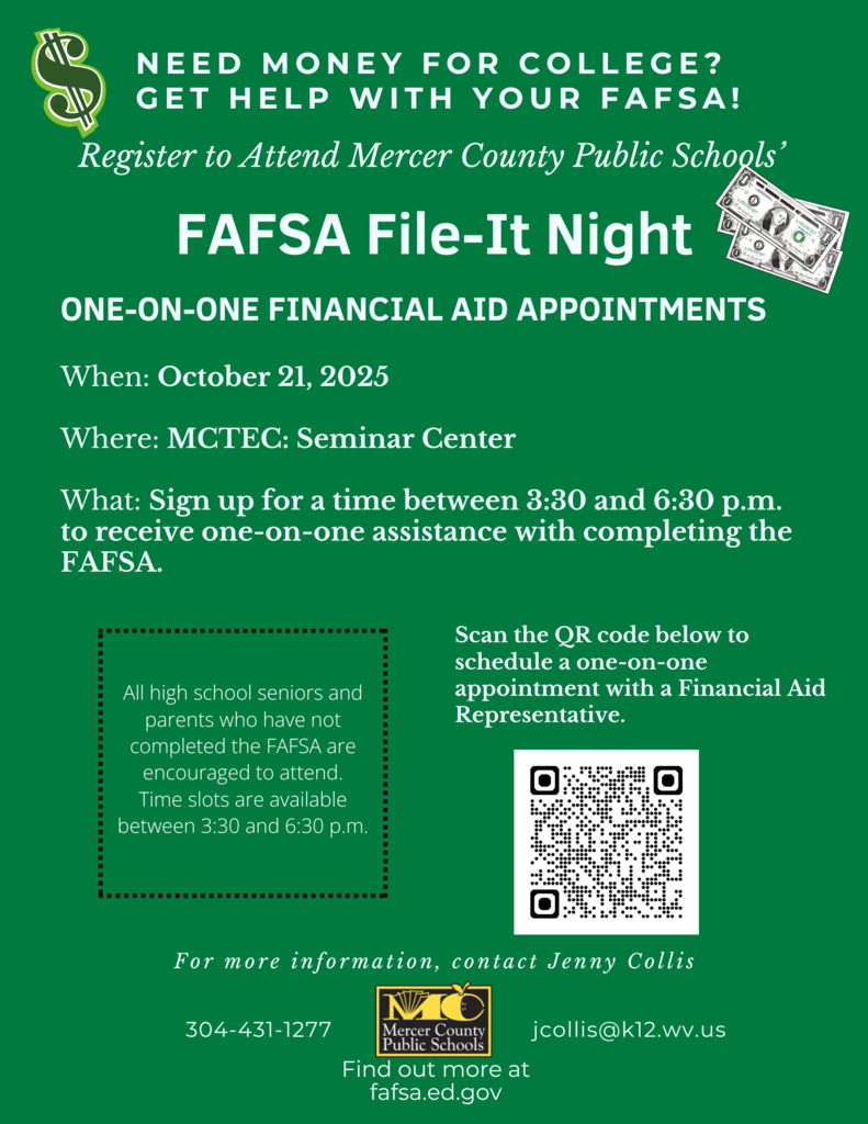FAFSA flyer October 21, 2025 3:30 p.m. MCTEC Seminar Center page 1 with QR code to pre-register