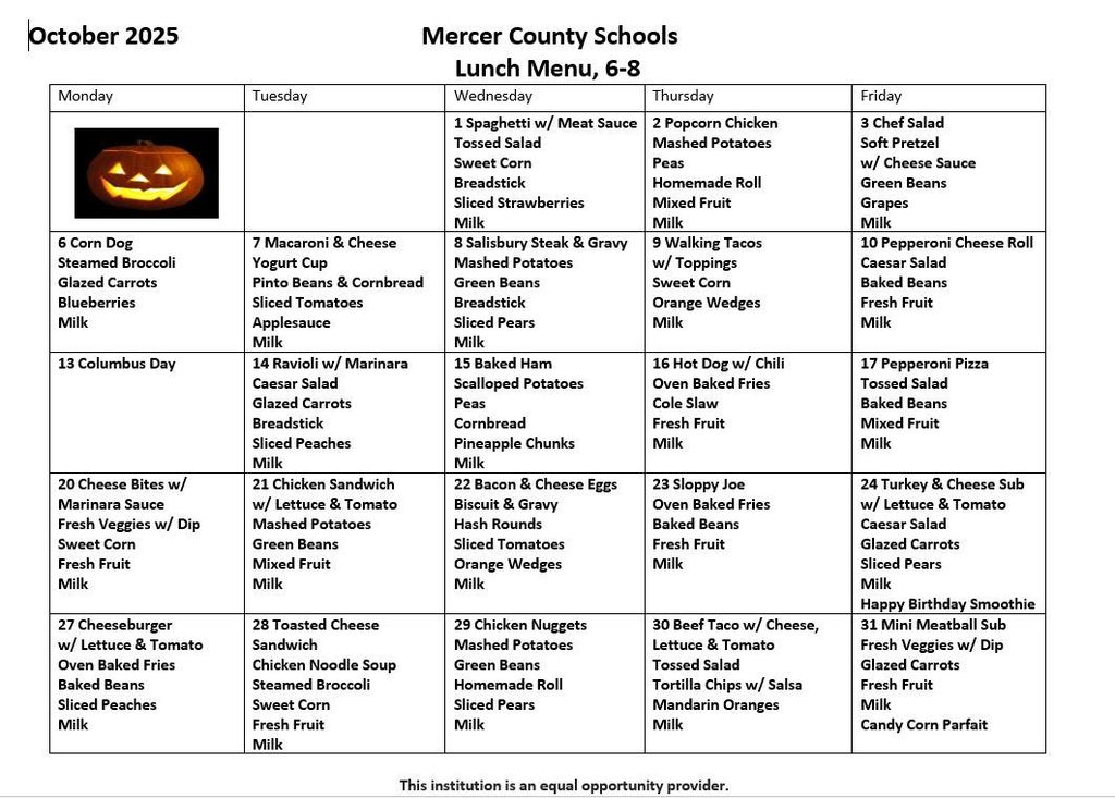 Oct 2025 Lunch Menu