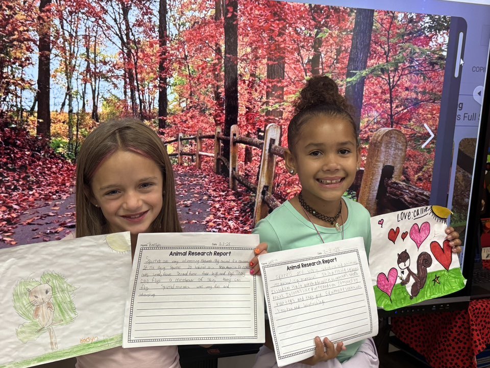 Glenwood 3rd graders researching about different types of squirrels, writing about their findings, presenting and using a step by step video to draw a squirrel.