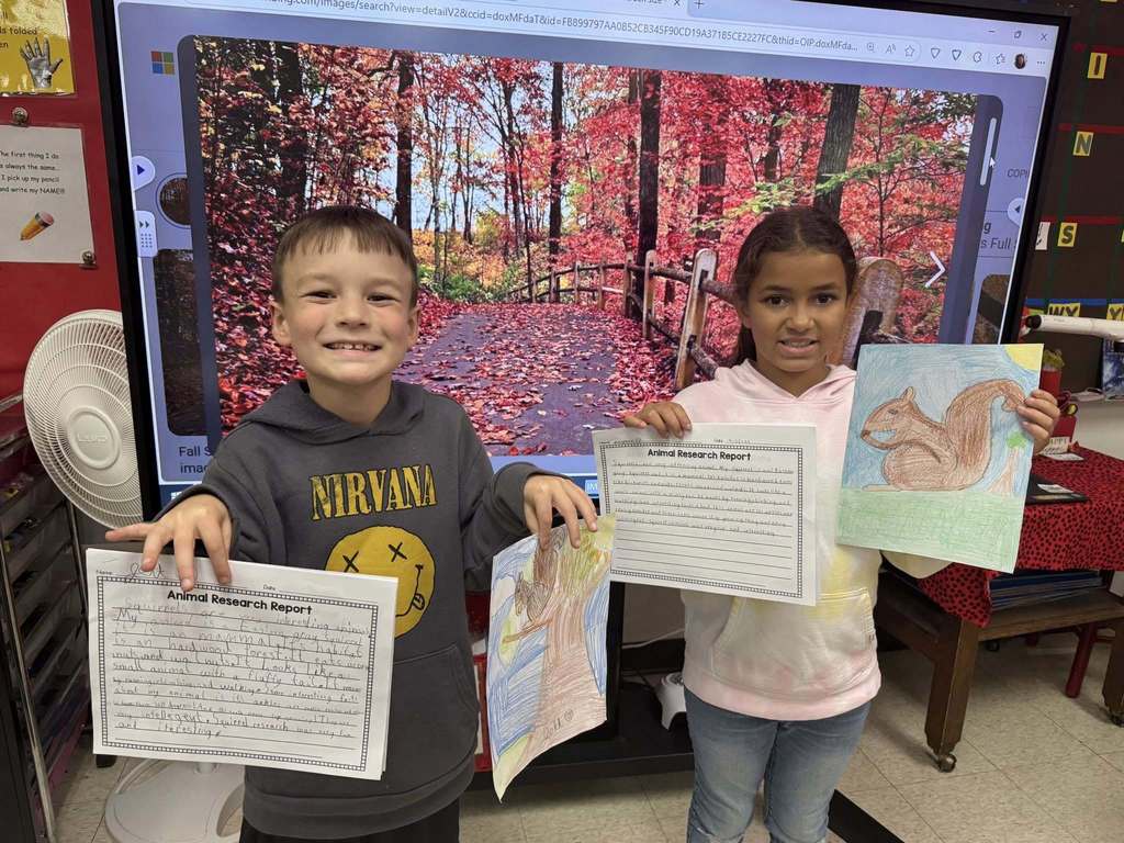 Glenwood 3rd graders researching about different types of squirrels, writing about their findings, presenting and using a step by step video to draw a squirrel.