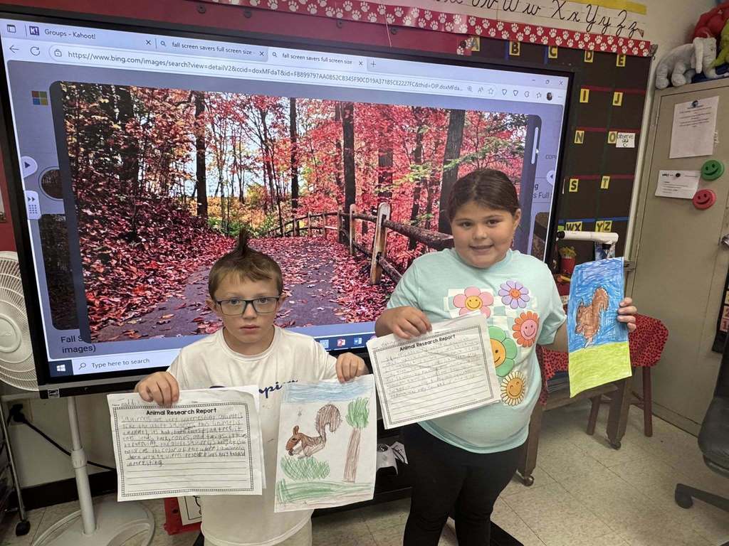 Glenwood 3rd graders researching about different types of squirrels, writing about their findings, presenting and using a step by step video to draw a squirrel.