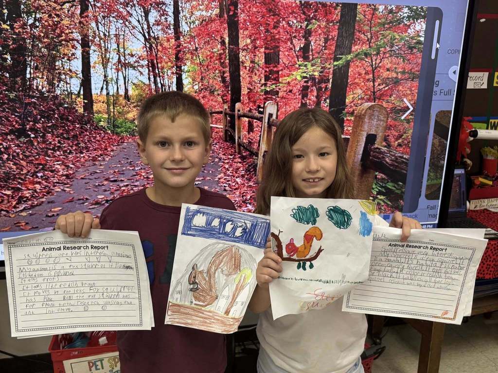 Glenwood 3rd graders researching about different types of squirrels, writing about their findings, presenting and using a step by step video to draw a squirrel.