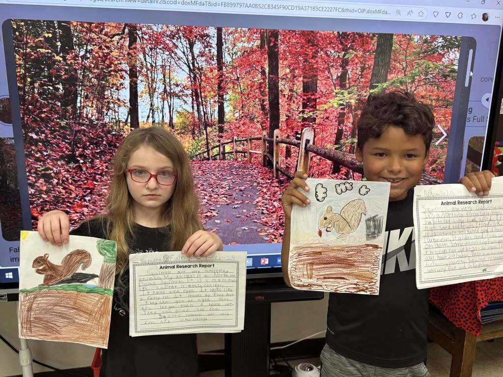 Glenwood 3rd graders researching about different types of squirrels, writing about their findings, presenting and using a step by step video to draw a squirrel.