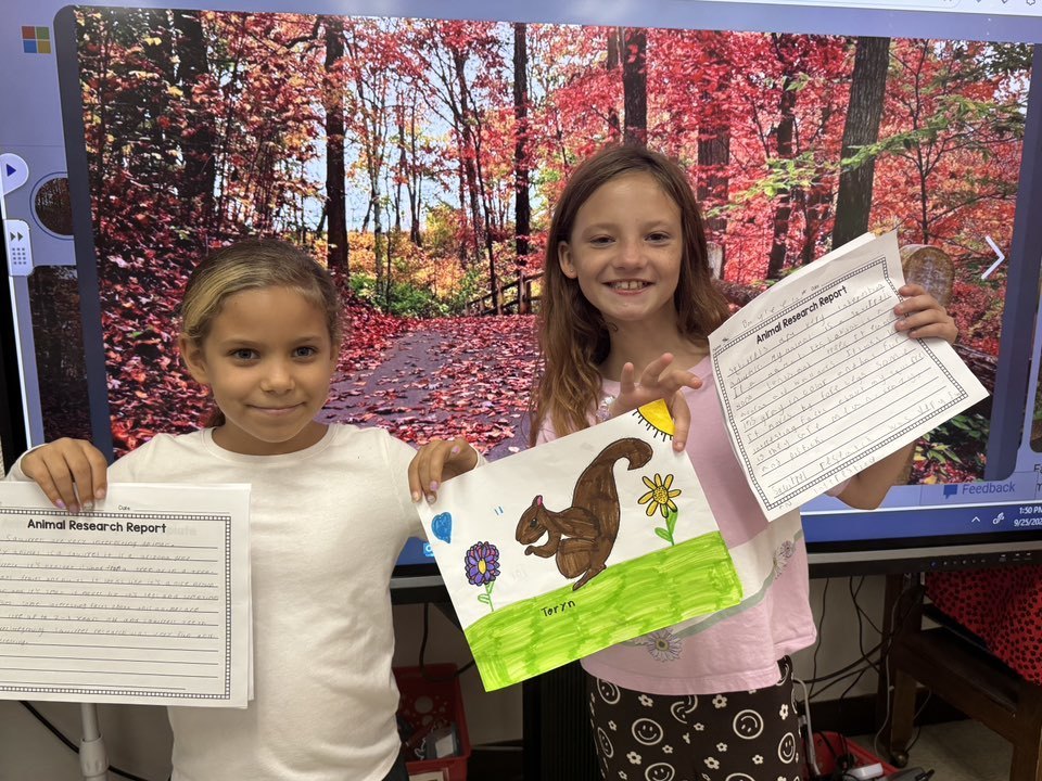 Glenwood 3rd graders researching about different types of squirrels, writing about their findings, presenting and using a step by step video to draw a squirrel.