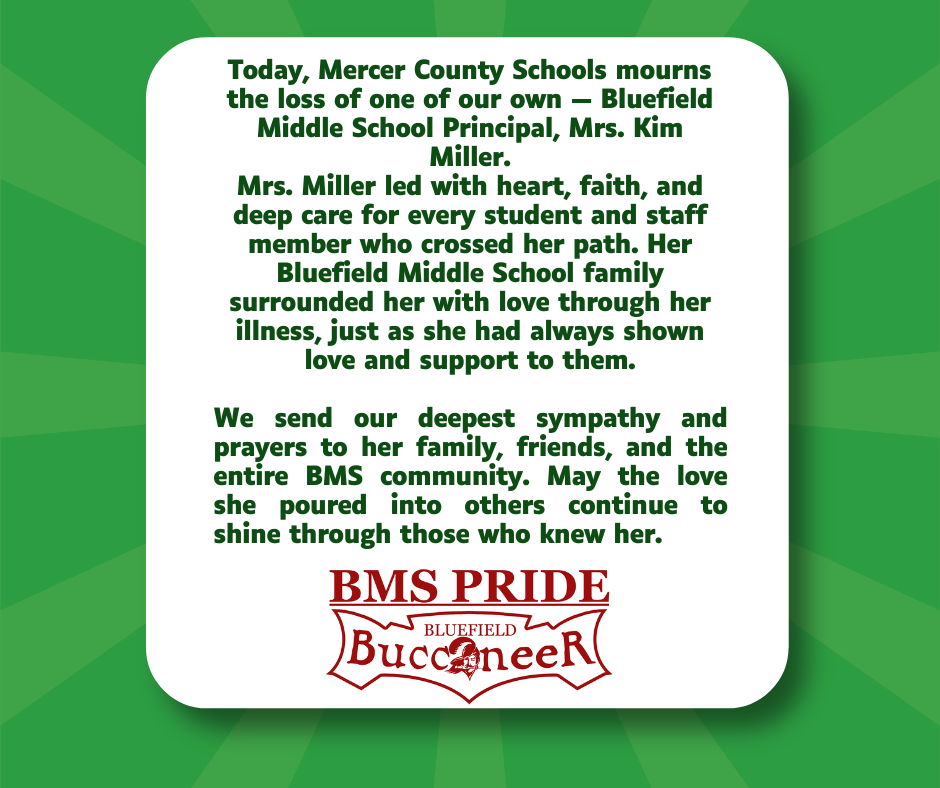 Post about the passing of Bluefield Middle School's beloved principal, Kim Miller
