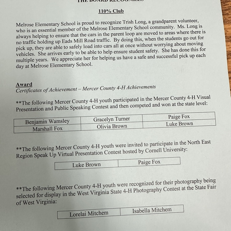 Board Recognizes for October 13, 2025 BOE meeting