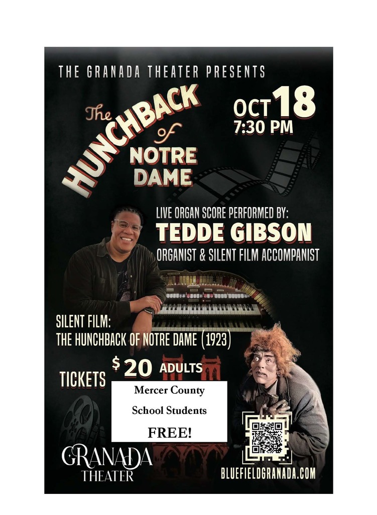 Silent movie at the Grananda Theater in Bluefield with live organ music. Mercer County Students get in free with the purchase of an adult ticket. Saturday, October 13, 2025 at 7:30 p.m.