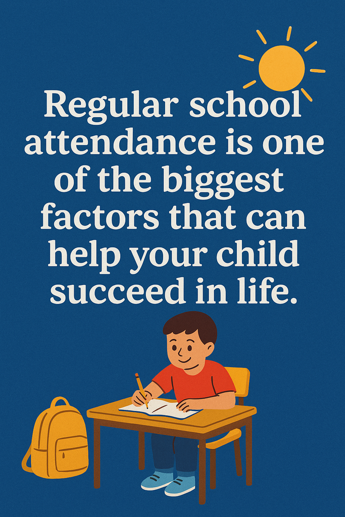 Little boy sitting at a desk with the caption "Regular school attendance is one of the biggest factors that can help your child succeed in life."