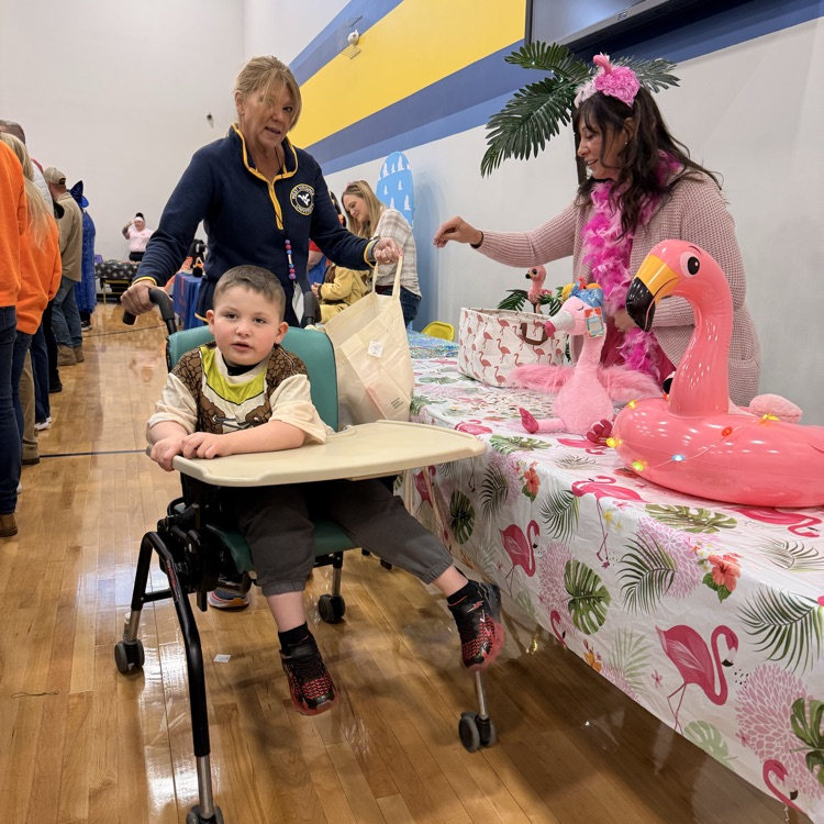 Young boy in a rolling chair trick or treating last a flamingo table  
