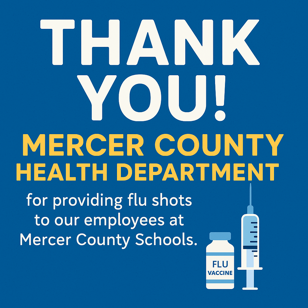 A Thank you graphic thanking the Mercer County Health Department for providing flu shots for our employees.
