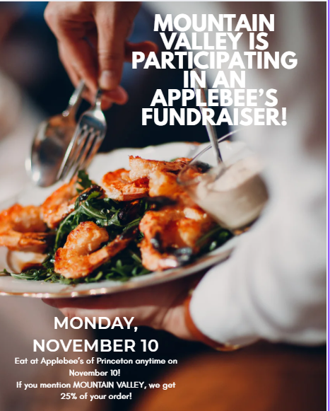 DON'T FORGET APPLEBEE'S TODAY for MOUNTAIN VALLEY!!!  Please go to Princeton Applebee's today, Monday, November 10, and either dine in OR take out and mention MOUNTAIN VALLEY to help support our school!