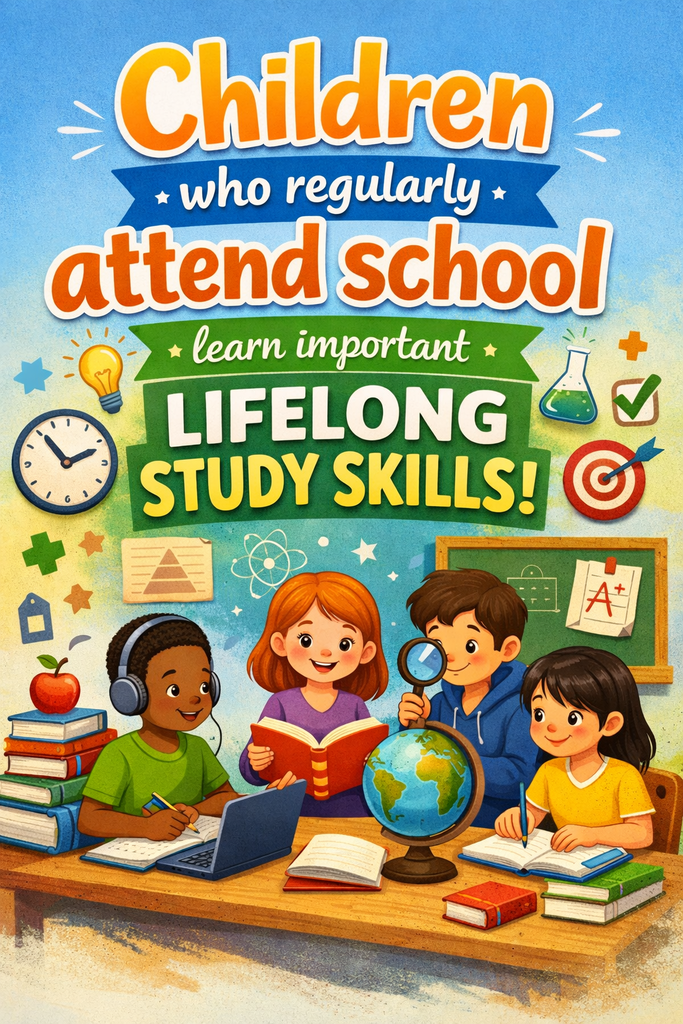 The picture says: Children who regularly attend school learn important lifelong study skills. There are 4 children 2 boys and 2 girls in a classroom setting enjoying school. 