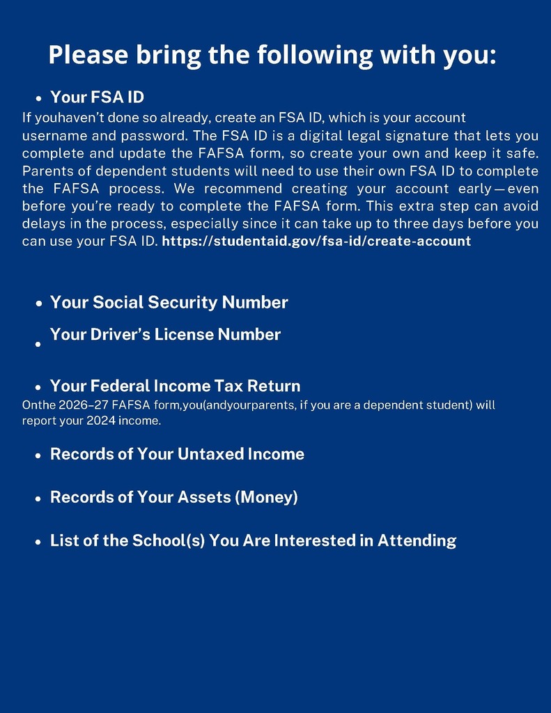 FAFSA File it event on February 17, 2026 between 3:00 and 6:00 pm at MCTEC Seminar Center. Email Jennifer Collis at jcollis@k12.wv.us to schedule your appointment.