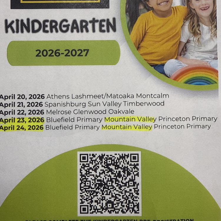 Kindergarten Registration Flyer Picture. There is a picture of 2 children beside each other in front of a school. the flyer has a QR code to complete for Pre-Registration. The dates for Kindergarten registration are April 23 and 24  