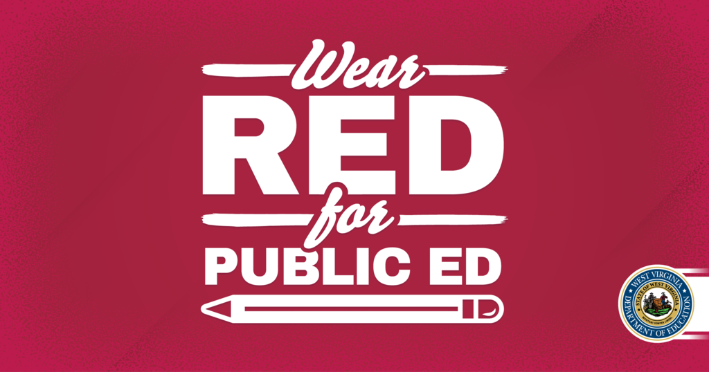 Picture has a red background with the text "Wear Red for Public Ed"